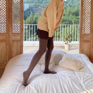 Thermal fleece lined stirrup tights for women, thick warm winter pantyhose, coffee brown.