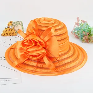 Women Summer Sun Hat Organza Beach Hat Wide Brim Elegant Floral Party Hat Orange Color