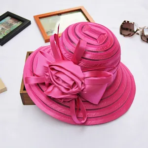 Pink organza sun hat detail view, elegant women's beach hat for summer vacation and outdoor events.