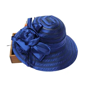 Elegant royal blue organza women dress hat sun hat floral design for summer wedding party