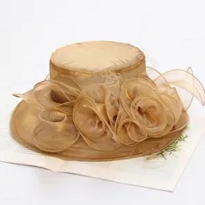 Λεπτομερές κοντινό πλάνο από το κομψό καπέλο ηλίου από οργάντζα χρώματος σαμπάνιας.