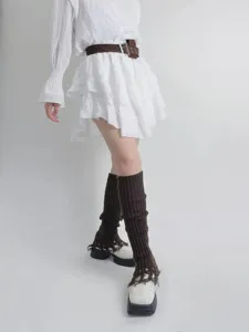 Wasteland style knitted tassel leg warmers, distressed slouchy socks for autumn winter.