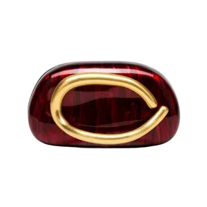 Burgundy marble acrylic evening clutch bag with matte gold ring handle for women party.