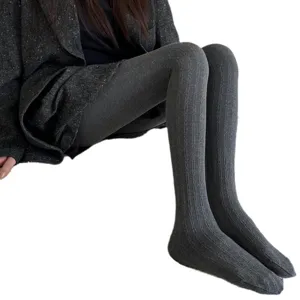 Collants épais en tricot torsadé d'hiver pour femmes, leggings chauds gris foncé, rétro.