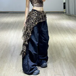 Leopard print ruffle waist wrap detail paired with wide-leg pants, street dance style.