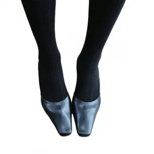 Women black textured tights paired with square toe leather shoes autumn winter retro style