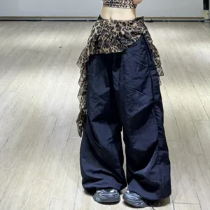 Women jazz dance cargo pants with leopard print hip scarf layered streetwear cool dance trousers