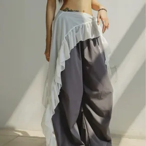 Fashion jazz dance ruffled hip scarf and grey loose pants set, trendy streetwear style.