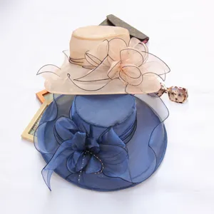 Elegant organza sun hat for women, large brim floral church hat for beach summer.