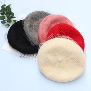Women wool beret hat with veil vintage French painter hat elegant autumn winter cap