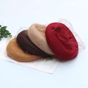 Autumn winter wool mesh beret hat, elegant retro painter cap with veil design for women.