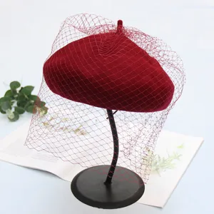 Autumn winter red wool beret hat with elegant mesh veil british style retro painter hat detail