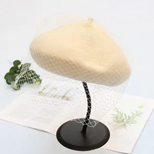 Women Woolen Beret Hat Vintage French Painter Berets With Elegant Mesh Veil Adjustable Winter Fall Warm Fashion Hats