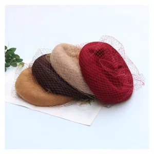 Autumn winter wool beret with veil elegant vintage painter hat stylish ladies warm headwear
