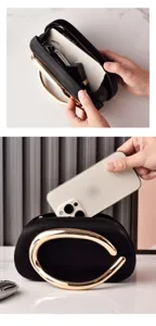 Black PU leather evening clutch bag with gold ring handle, elegant party handbag capacity.