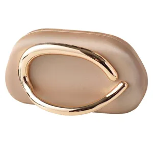 Elegant gold clutch bag with a unique metal handle, perfect for evening parties and fashion events.