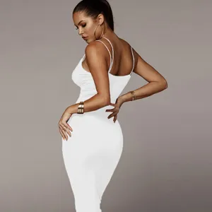 Women White Backless Spaghetti Strap Bodycon Midi Dress Elegant Sexy Party Clubwear Style