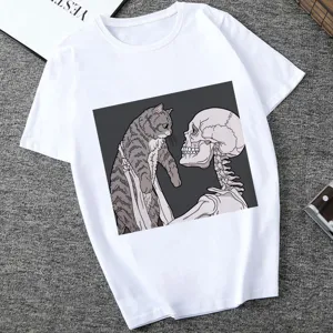 Casual white graphic t-shirt featuring a cute cat and skeleton art print for women.
