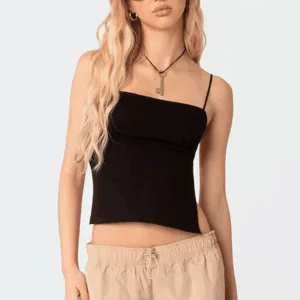 Damen schwarzes Spaghettiträger Crop Top quadratischer Ausschnitt sexy rückenfreies Oberteil