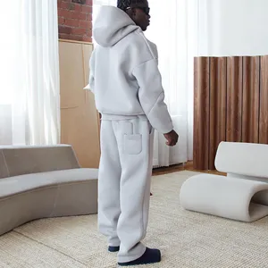 Oversized casual couple hoodie and sweatpants set, solid light gray streetwear cozy outfit.