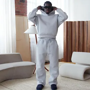 Casual grey solid color oversized hoodie and sweatpants set for daily wear comfortable streetwear style