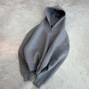 Solid color loose-fit long-sleeve hooded sweatshirt in grey, casual streetwear style.