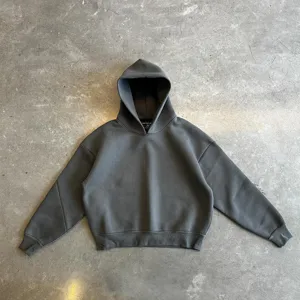 Solid dark grey casual loose-fit hooded sweatshirt with stylish vintage wash finish for daily wear.