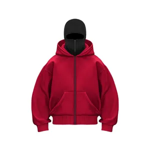 Close-up detail of the red zip-up hoodie featuring an integrated black balaclava mask hood.