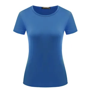 Detailed view of the solid blue women short sleeve t-shirt, casual summer basic top design.