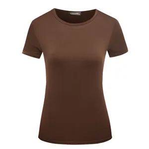 Brown short sleeve t-shirt close up, casual crew neck slim fit basic top detail view.