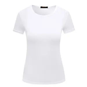 Close up detail of white short sleeve crew neck t-shirt fabric and collar tag view.
