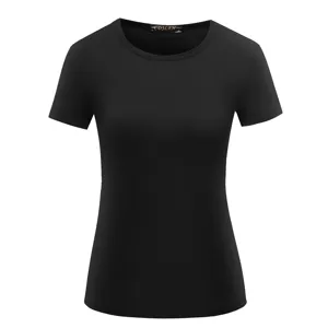 Details of black short sleeve t-shirt, solid color slim fit crew neck top design.