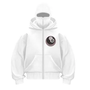 Weißer Kapuzenpullover mit Sturmhaube und 8-Ball-Grafik Y2K Streetwear Stil neu!