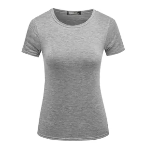 Detailed view of grey short sleeve solid color women t-shirt, casual summer basic top style.