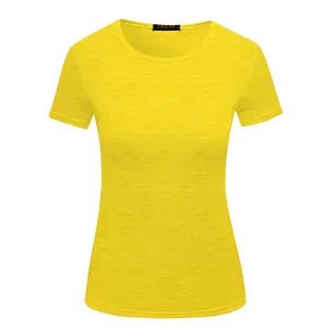 Women's plain yellow short sleeve t-shirt, casual slim fit crew neck top for daily wear.