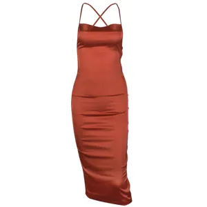 French style rust satin midi dress women sexy cross strap backless bodycon party dress