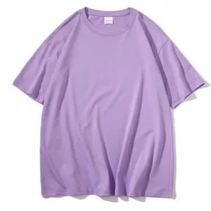 Close-up view of the casual solid purple short sleeve t-shirt collar and soft fabric details.