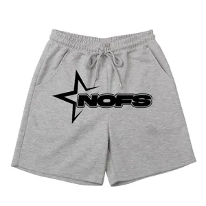 Detailed view of grey cotton-blend sweat shorts featuring a prominent black star and NOFS print.