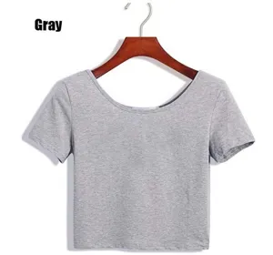 Gray short sleeve crop top, casual solid color summer tee, minimalist basic apparel.