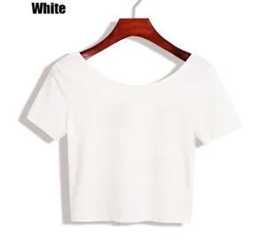 White short sleeve crop top with scoop neck, casual solid color summer tee basic detail.