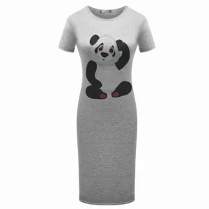 Abito midi casual grigio a maniche corte da donna con stampa panda carina per l'estate quotidiana.