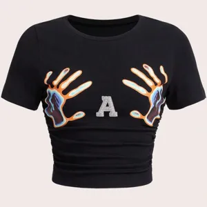 Damen Casual Slim Fit Rundhals Kurzarm T-Shirt Basic Buchstabe Strass Druck Sommer Mode Bekleidung Top
