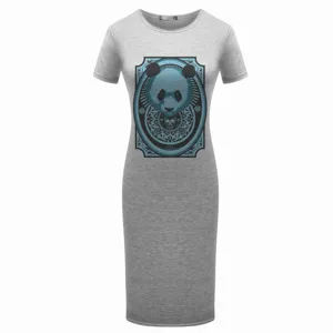 Abito midi grigio casual da donna a maniche corte con graziosa stampa grafica di panda estivo.