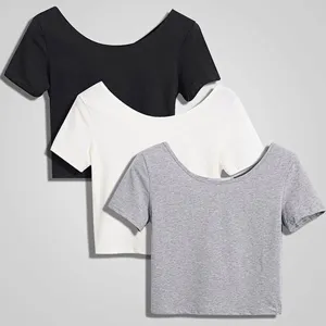 Pack of 3 solid color scoop neck short sleeve crop tops, comfortable casual basic tees.