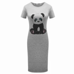 Abito Midi Casual da Donna a Manica Corta Girocollo con Stampa Panda Cartoon in Cotone Estivo