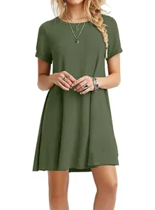 Vista detallada del vestido verde de manga corta con corte A holgado y cuello redondo suave.