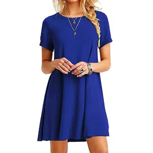 Hermoso vestido corto mujer manga corta casual color sólido línea a vista detalle