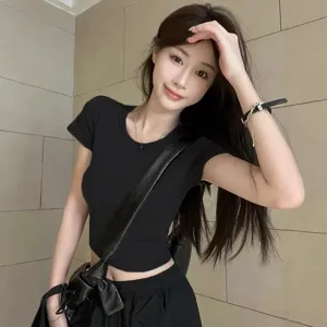 Black crop top short sleeve slim fit t-shirt for women casual summer basic solid apparel detail