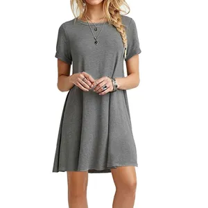 Vestido corto gris liso de manga corta tipo evasé, ropa casual diaria de ajuste cómodo.
