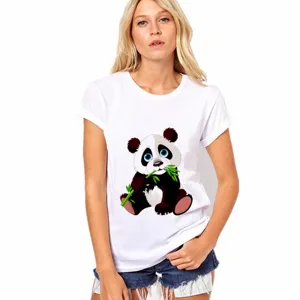 Camiseta de moda para mujer con bonito estampado de panda manga corta top blanco verano